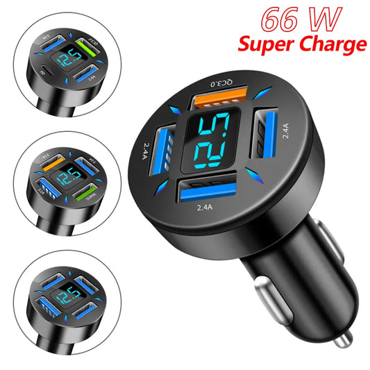 USB Car Charger Fast Charging 66W 4 Ports PD+QC3.0 Fast Charging Car Adapter Cigarette Lighter Socket Splitter for Iphone Xiaomi